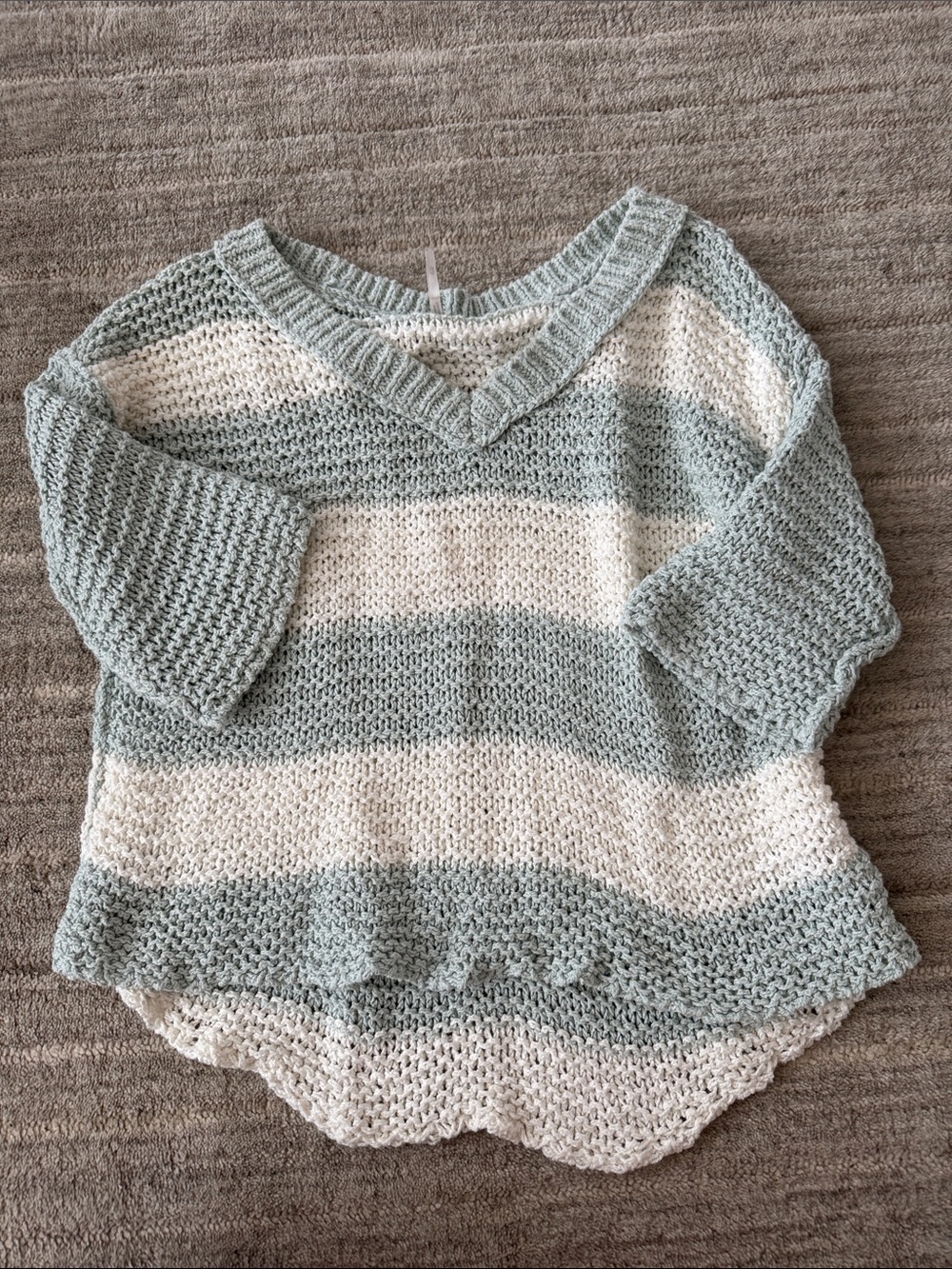 Striped V-Neck Free People Knit Sweater in Sage and Cream - Women